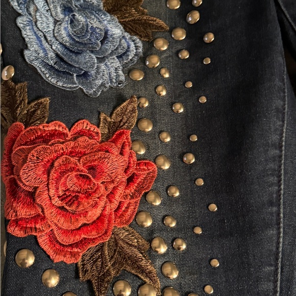 Boom Boom Jeans Dark Blue Skinny Jeans with Red & Light Blue Floral Appliqué - Picture 2 of 9